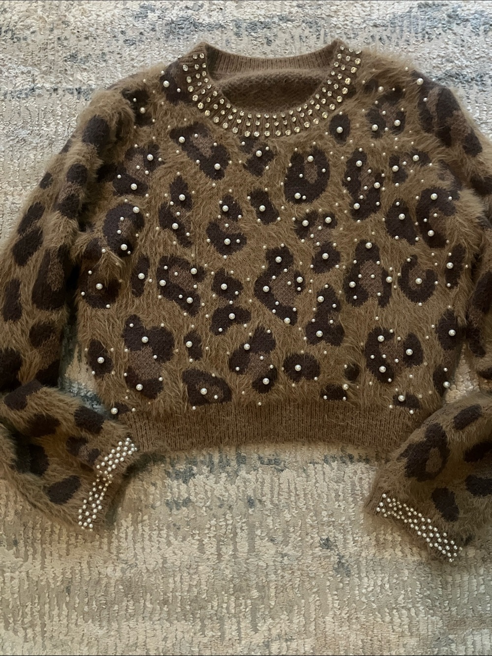 Pearl-Embellished Brown Leopard-Print Fuzzy Crewneck Sweater